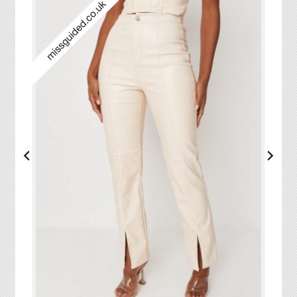 Cream Faux Leather Split Hem Trousers - Picture 5 of 15